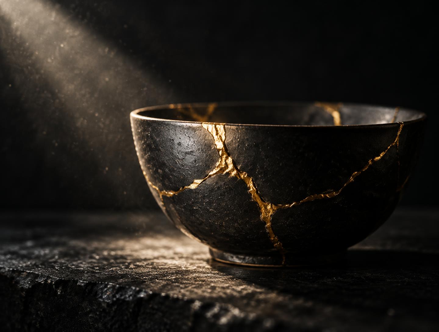 Dunkle Keramikschale, deren Risse mit Gold gefüllt sind